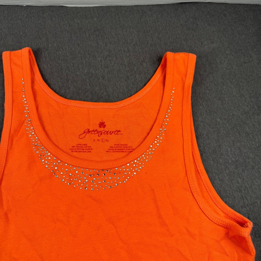 Greensource‎ Orange Organic Cotton Rhinestone Scoop Neck Tank Top Womens Large